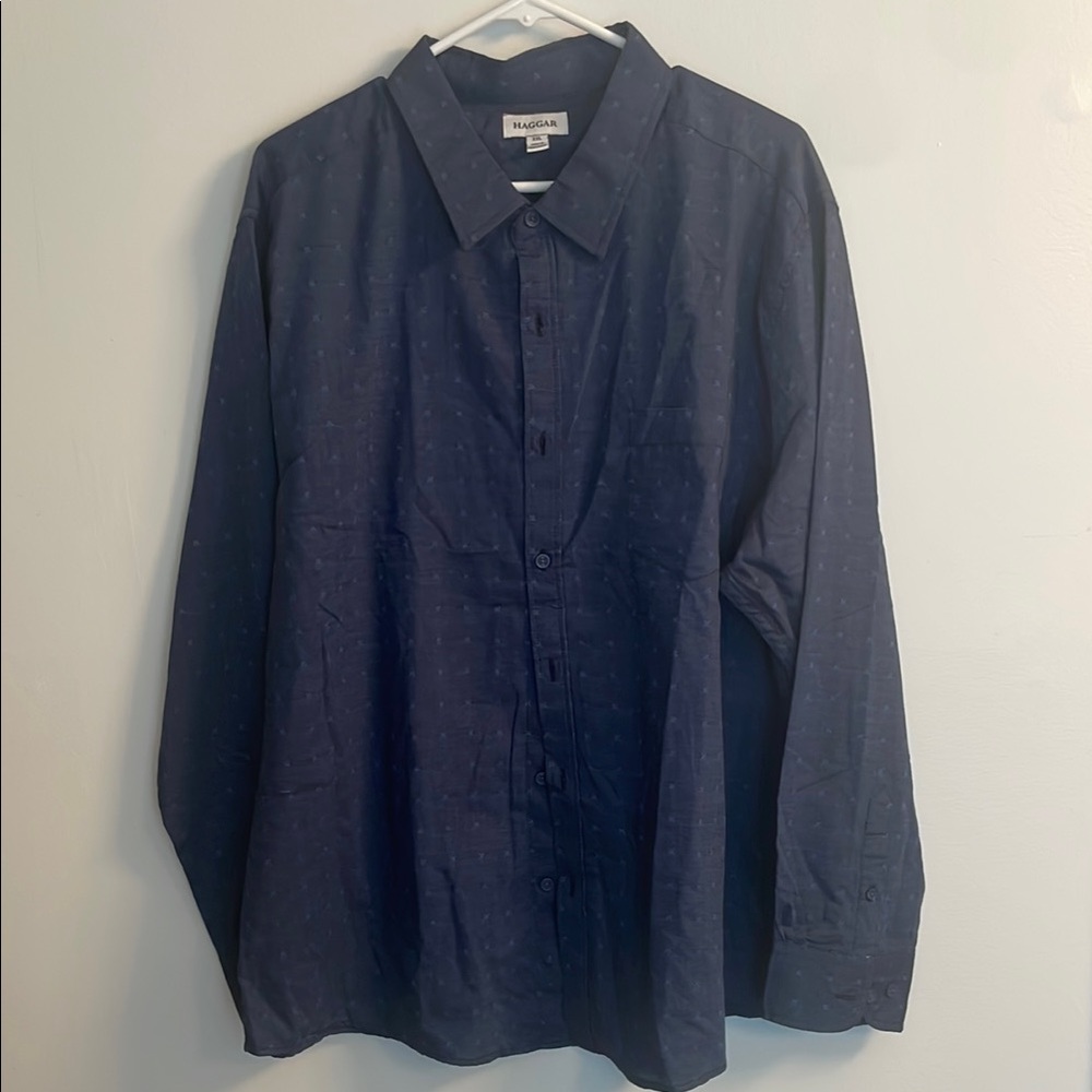 Haggar Blue Casual Button Down Shirt Pattern Long Sleeve XXL